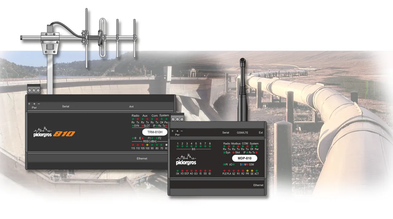 Funk-Controller MDP-810 und Basisstation TRM-810H vor einer Wasserversorgungsanlage